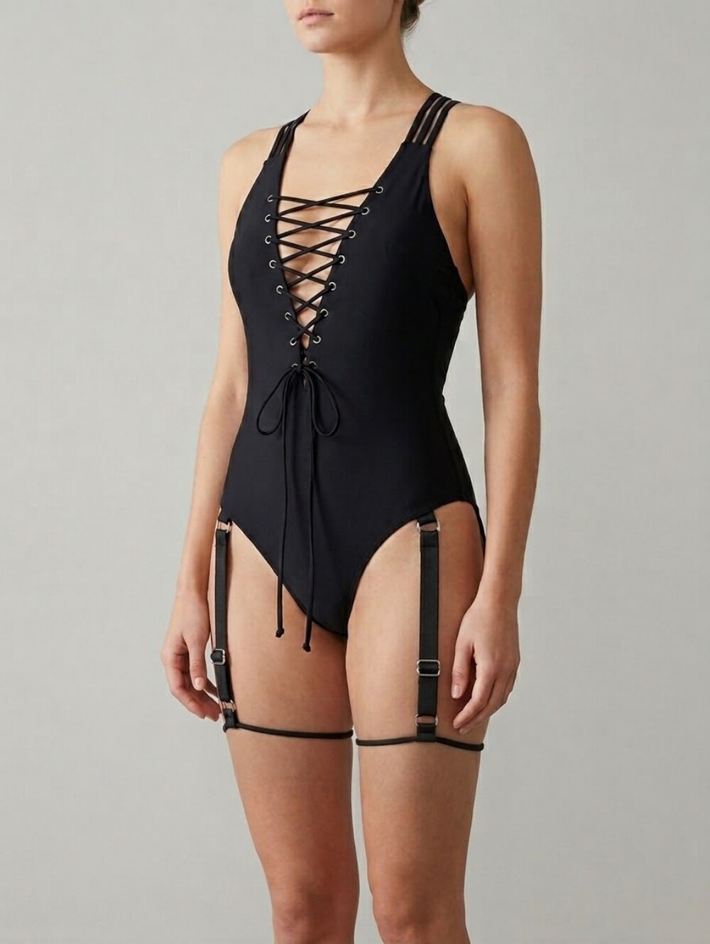 Black Strappy Girls' One-Piece Swimsuit